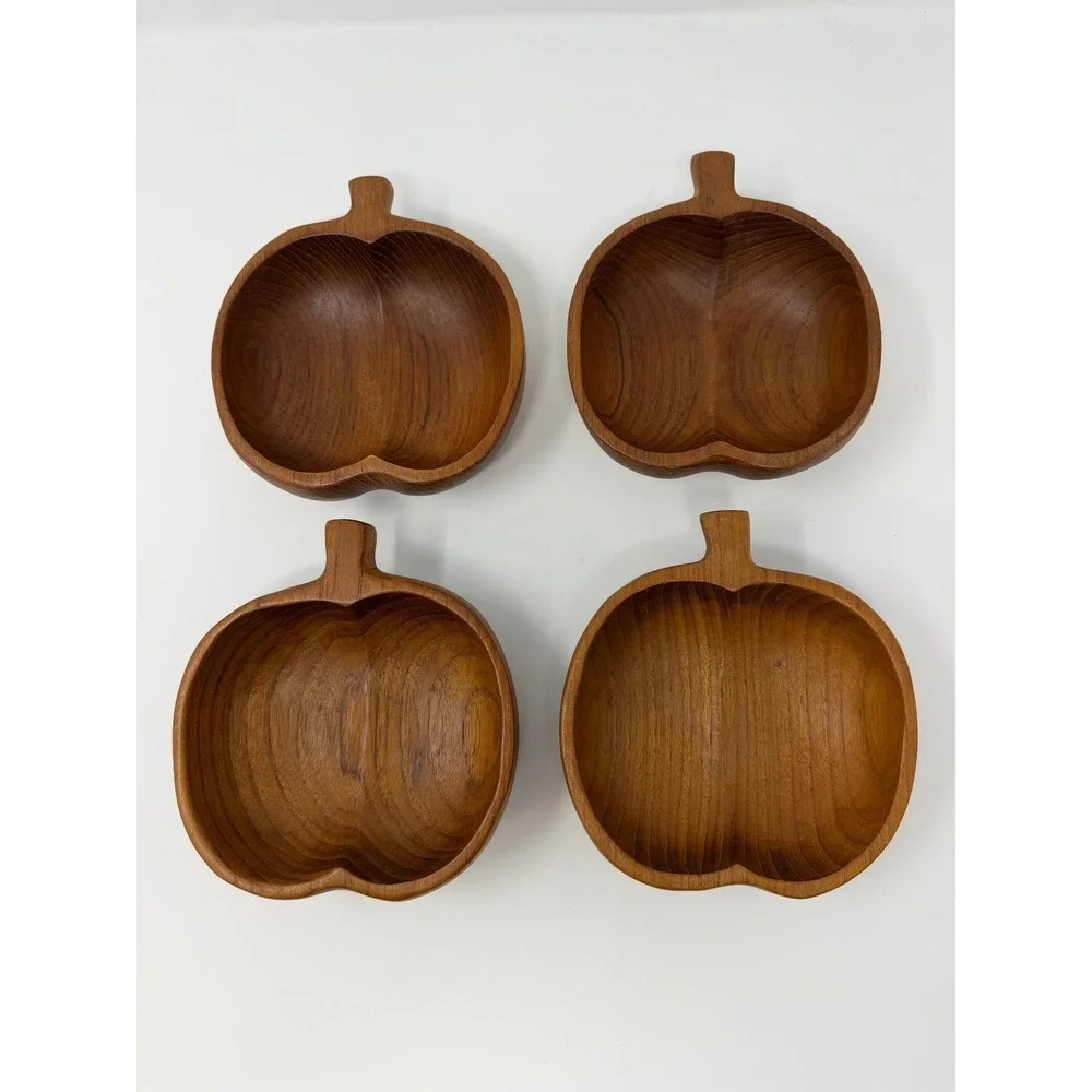 Vintage Wooden Apple Shaped Bowls Set of 4 Mid Century Modern MCM Snack Dishes